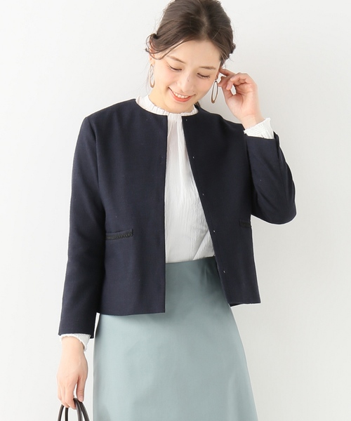 IENA(イエナ)の「スラブノーカラージャケット◆(ノーカラージャケット・レディース・ベージュ/ネイビー・36/38)」の2枚目の写真