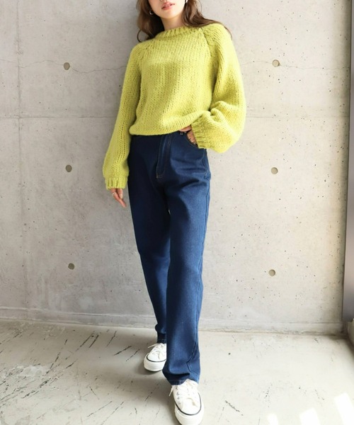 moment+（モーメントプラス）の「1.5G ヴィンテージライクモヘヤ ローゲージ手編み風ざっくりニットプルオーバー（ニット/セーター・レディース・アイボリー/パープル/イエロー×グリーン/オレンジ/ブルー・FREE）」の10枚目の写真