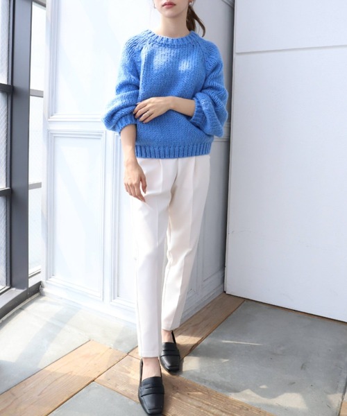 moment+（モーメントプラス）の「1.5G ヴィンテージライクモヘヤ ローゲージ手編み風ざっくりニットプルオーバー（ニット/セーター・レディース・アイボリー/パープル/イエロー×グリーン/オレンジ/ブルー・FREE）」の18枚目の写真