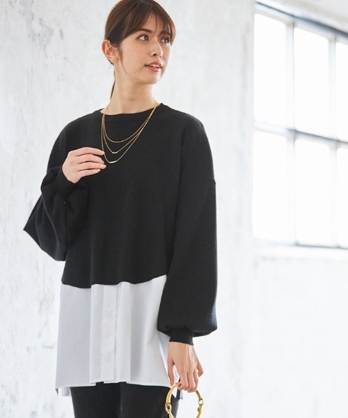 Cookie Chocolate(クッキーチョコレート)の「レイヤードニットプルオーバー(Tシャツ/カットソー・レディース・ブラック/グレー・M)」の2枚目の写真