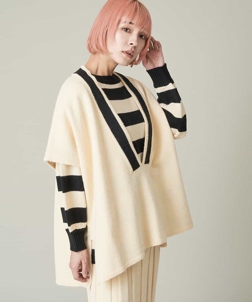 A de a.v.v(アードアー・ヴェ・ヴェ)の「Vネックチルデンポンチョベストニット(ニット/セーター・レディース・ブラック/アイボリー/モカ・39)」の13枚目の写真