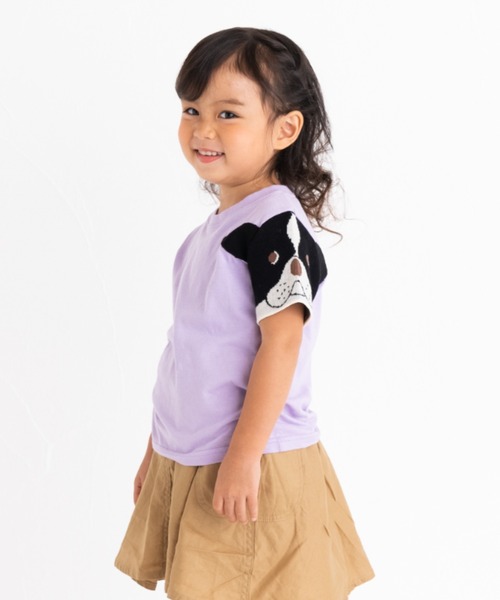 ami amie(アミアミ)の「フレンチブルドッグのニット袖Tシャツ(Tシャツ/カットソー・キッズ・パープル/ライトグレー/サックスブルー・100cm/110cm/90cm/120cm)」の1枚目の写真