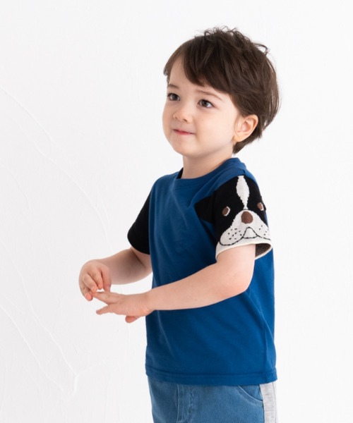 ami amie(アミアミ)の「フレンチブルドッグのニット袖Tシャツ(Tシャツ/カットソー・キッズ・パープル/ライトグレー/サックスブルー・100cm/110cm/90cm/120cm)」の3枚目の写真