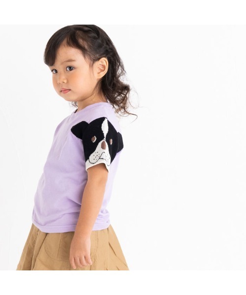 ami amie(アミアミ)の「フレンチブルドッグのニット袖Tシャツ(Tシャツ/カットソー・キッズ・パープル/ライトグレー/サックスブルー・100cm/110cm/90cm/120cm)」の11枚目の写真