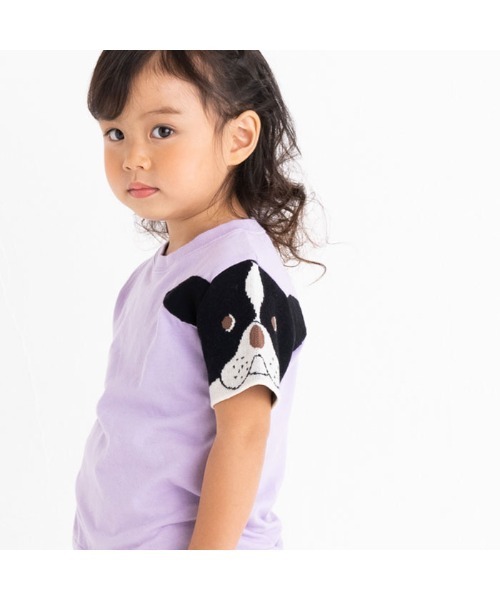 ami amie(アミアミ)の「フレンチブルドッグのニット袖Tシャツ(Tシャツ/カットソー・キッズ・パープル/ライトグレー/サックスブルー・100cm/110cm/90cm/120cm)」の14枚目の写真