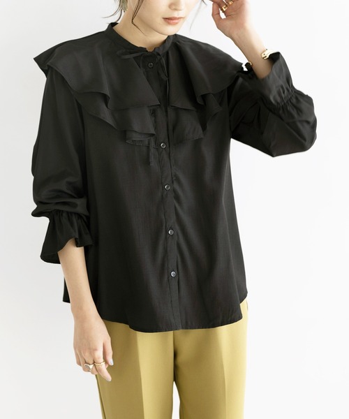 ラッフルカラーボリューム袖ブラウス