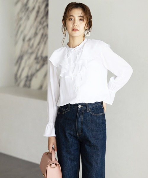 ラッフルカラーボリューム袖ブラウス