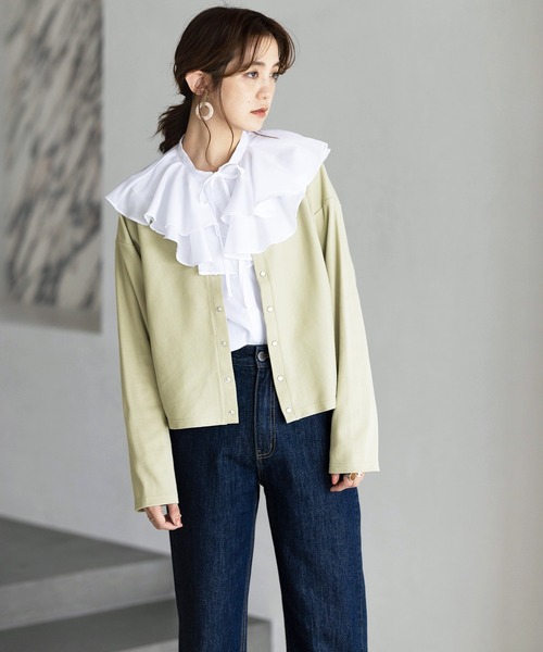 ラッフルカラーボリューム袖ブラウス