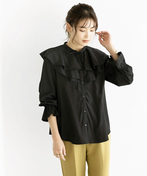 ラッフルカラーボリューム袖ブラウス