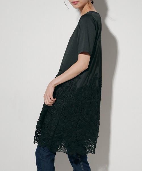 RANAN(ラナン)の「レース切替カットソーチュニック(Tシャツ/カットソー・レディース・ライトグレー/ネイビー/ピンク/ベージュ/ブラック・M/LL/L)」の1枚目の写真