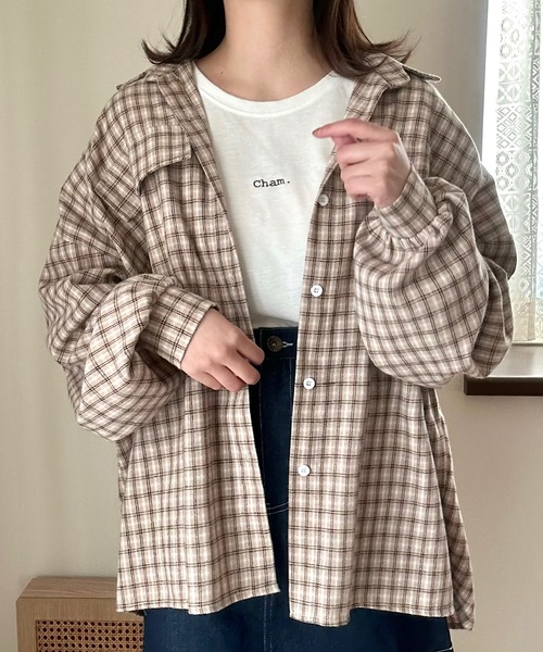 Cham.（チャム）の「ゆるだぼチェックシャツ（シャツ/ブラウス・レディース・ブラウン/ベージュ/ブラック・F）」の11枚目の写真