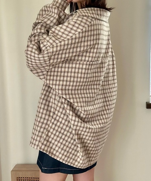 Cham.（チャム）の「ゆるだぼチェックシャツ（シャツ/ブラウス・レディース・ブラウン/ベージュ/ブラック・F）」の14枚目の写真