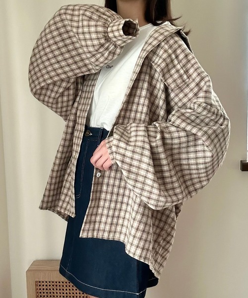 Cham.（チャム）の「ゆるだぼチェックシャツ（シャツ/ブラウス・レディース・ブラウン/ベージュ/ブラック・F）」の16枚目の写真