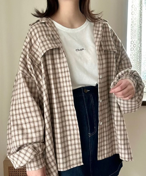 Cham.（チャム）の「ゆるだぼチェックシャツ（シャツ/ブラウス・レディース・ブラウン/ベージュ/ブラック・F）」の18枚目の写真