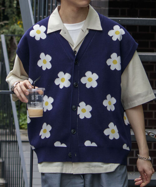 FREDY MAC(フレディーマック)の「【FREDYMAC/フレディマック】レトロ フラワー サマーガーディガン ニットベスト(ベスト・メンズ・キナリ/ネイビー/サックスブルー・FREE)」の3枚目の写真