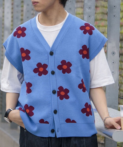 FREDY MAC(フレディーマック)の「【FREDYMAC/フレディマック】レトロ フラワー サマーガーディガン ニットベスト(ベスト・メンズ・キナリ/ネイビー/サックスブルー・FREE)」の1枚目の写真