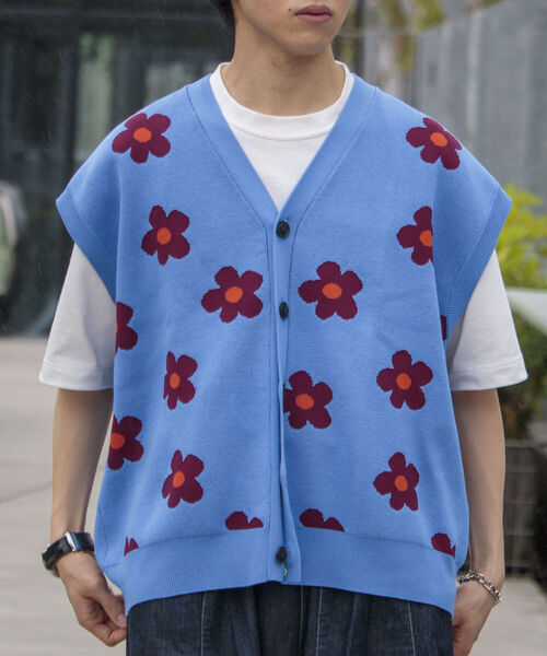 FREDY MAC(フレディーマック)の「【FREDYMAC/フレディマック】レトロ フラワー サマーガーディガン ニットベスト(ベスト・メンズ・キナリ/ネイビー/サックスブルー・FREE)」の4枚目の写真