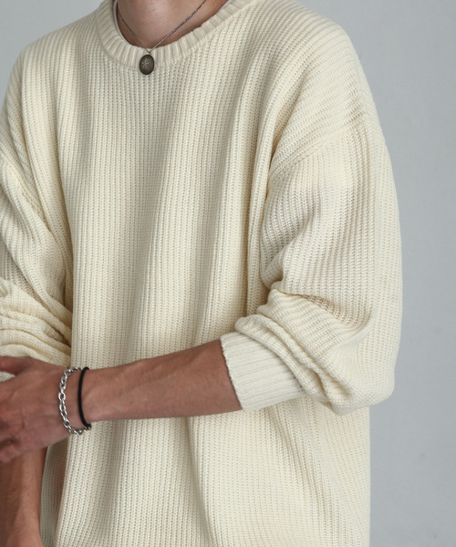 ZIP FIVE（ジップファイブ）の「【ZIP FIVE】あぜ編みベーシックワイド クルーネックニットセーター/ ニットクルーネックセーター（ニット/セーター・メンズ・ブラック/ダークグリーン/ベージュ/ネイビー/グレー/アイボリー・MEDIUM/LARGE/X-LARGE）」の17枚目の写真