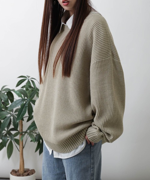 ZIP FIVE（ジップファイブ）の「【ZIP FIVE】あぜ編みベーシックワイド クルーネックニットセーター/ ニットクルーネックセーター（ニット/セーター・メンズ・ブラック/ダークグリーン/ベージュ/ネイビー/グレー/アイボリー・MEDIUM/LARGE/X-LARGE）」の13枚目の写真