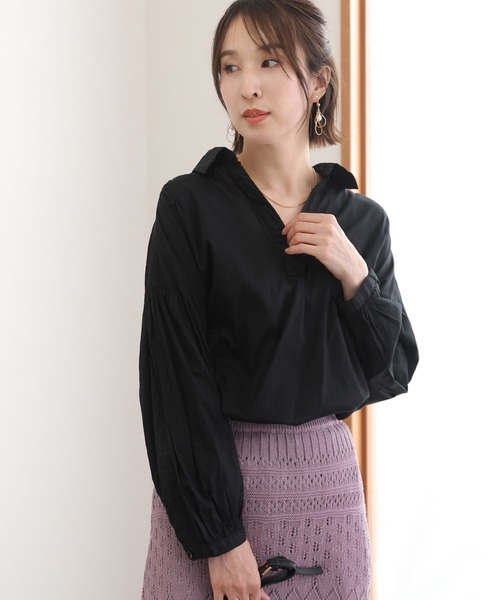 ElegChic(エレグシック)の「透け感 ローンギャザーシャツブラウス(シャツ/ブラウス・レディース・ブラック/オフホワイト/ベージュ・M~L/LL~3L/4L~5L)」の4枚目の写真