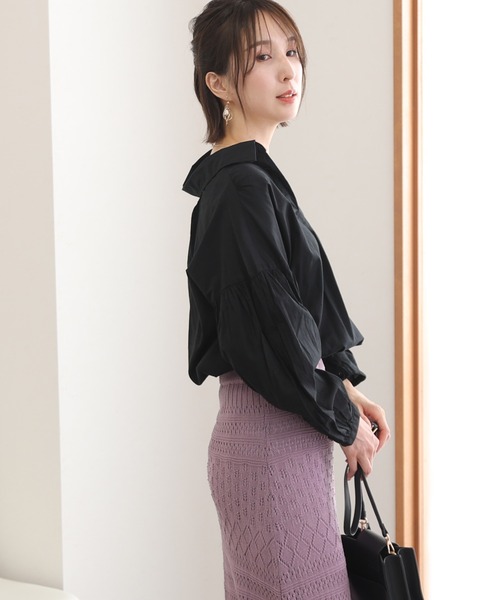 ElegChic(エレグシック)の「透け感 ローンギャザーシャツブラウス(シャツ/ブラウス・レディース・ブラック/オフホワイト/ベージュ・M~L/LL~3L/4L~5L)」の5枚目の写真