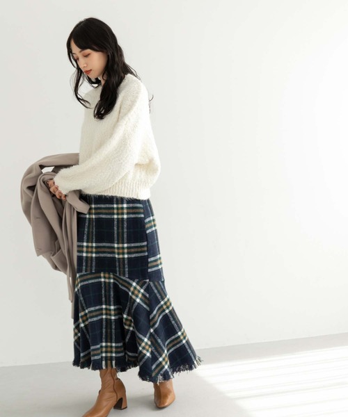 fifth（フィフス）の「【低身長向けサイズあり】裾フリンジチェックマーメイドスカート（スカート・レディース・ネイビー/ブラック/グリーン・M/XS）」の6枚目の写真