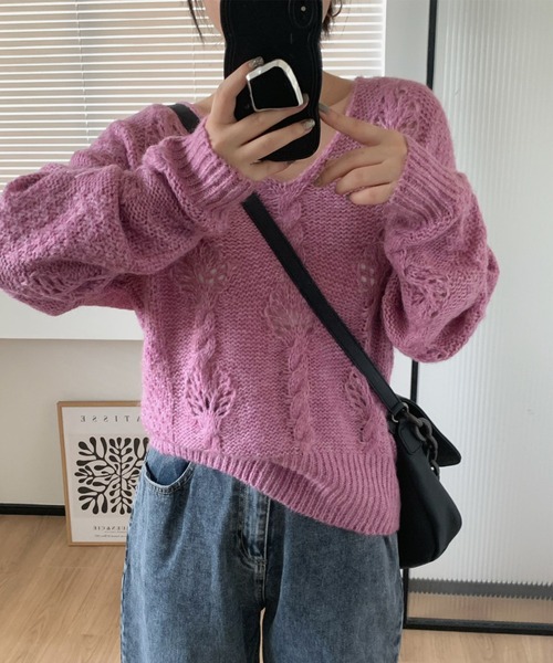 aimoha(アイモハ)の「モヘアVネックセーター(ニット/セーター・レディース・イエロー/パープル/ベージュ/ブルー/ネイビー・FREE)」の14枚目の写真