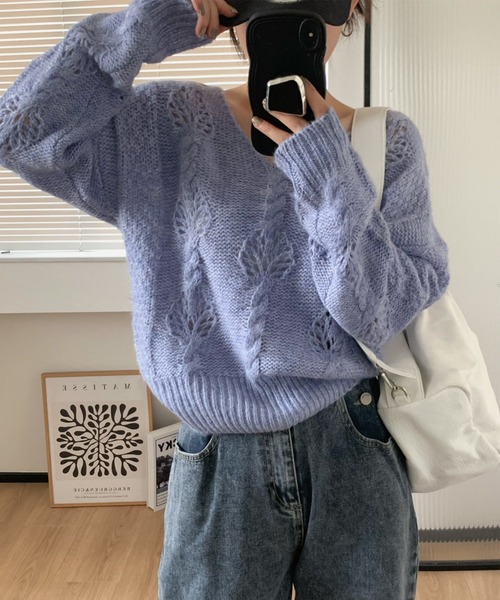 aimoha(アイモハ)の「モヘアVネックセーター(ニット/セーター・レディース・イエロー/パープル/ベージュ/ブルー/ネイビー・FREE)」の10枚目の写真