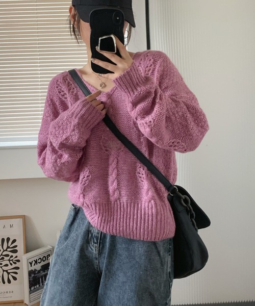 aimoha(アイモハ)の「モヘアVネックセーター(ニット/セーター・レディース・イエロー/パープル/ベージュ/ブルー/ネイビー・FREE)」の13枚目の写真