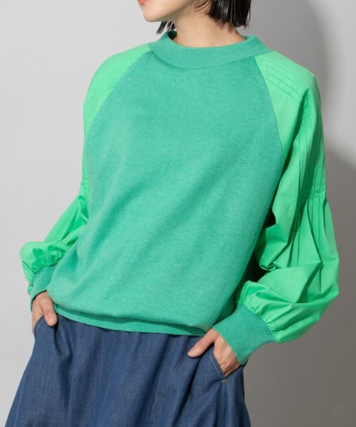 Munich（ミューニック）の「レーヨンアンゴラニット×タックスリーブブラウス（ニット/セーター・レディース・オフホワイト/オレンジ/グリーン・FREE）」の3枚目の写真