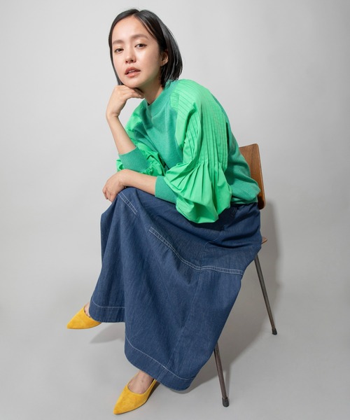 Munich（ミューニック）の「レーヨンアンゴラニット×タックスリーブブラウス（ニット/セーター・レディース・オフホワイト/オレンジ/グリーン・FREE）」の6枚目の写真