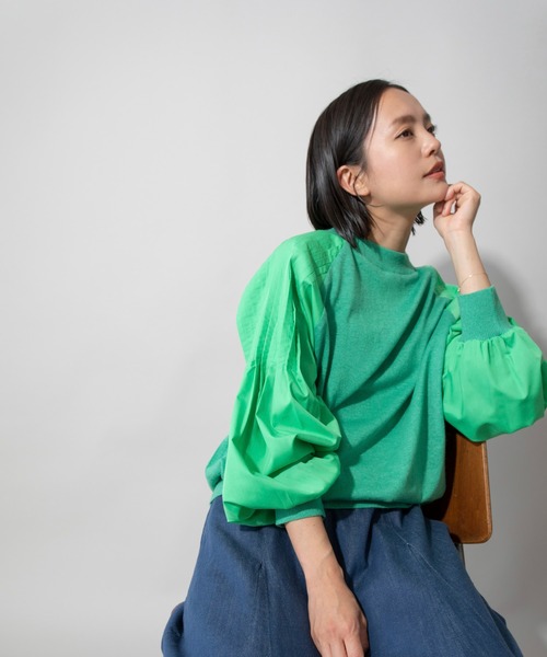 Munich（ミューニック）の「レーヨンアンゴラニット×タックスリーブブラウス（ニット/セーター・レディース・オフホワイト/オレンジ/グリーン・FREE）」の14枚目の写真