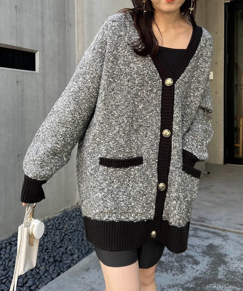 CAPRICIEUX LE'MAGE（カプリシューレマージュ）の「ツイード風ミドルカーディガン（カーディガン/ボレロ・レディース・ベージュ/チャコールグレー・FREE）」の4枚目の写真