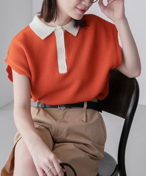 BONLECILL(ボンルシール)の「スポンディッシュ フレンチスリーブ配色ニットポロプルオーバー(ポロシャツ・レディース・ブラック/アイボリー/ブルー/グリーン/オレンジ・FREE)」の5枚目の写真