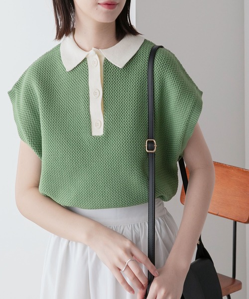 BONLECILL(ボンルシール)の「スポンディッシュ フレンチスリーブ配色ニットポロプルオーバー(ポロシャツ・レディース・ブラック/アイボリー/ブルー/グリーン/オレンジ・FREE)」の4枚目の写真