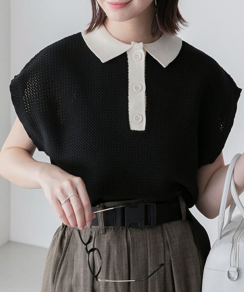 BONLECILL(ボンルシール)の「スポンディッシュ フレンチスリーブ配色ニットポロプルオーバー(ポロシャツ・レディース・ブラック/アイボリー/ブルー/グリーン/オレンジ・FREE)」の3枚目の写真