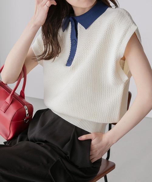 BONLECILL(ボンルシール)の「スポンディッシュ フレンチスリーブ配色ニットポロプルオーバー(ポロシャツ・レディース・ブラック/アイボリー/ブルー/グリーン/オレンジ・FREE)」の13枚目の写真