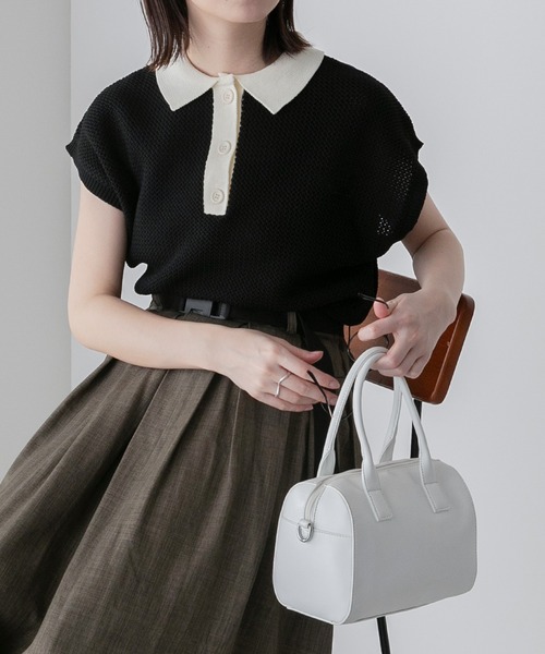 BONLECILL(ボンルシール)の「スポンディッシュ フレンチスリーブ配色ニットポロプルオーバー(ポロシャツ・レディース・ブラック/アイボリー/ブルー/グリーン/オレンジ・FREE)」の6枚目の写真