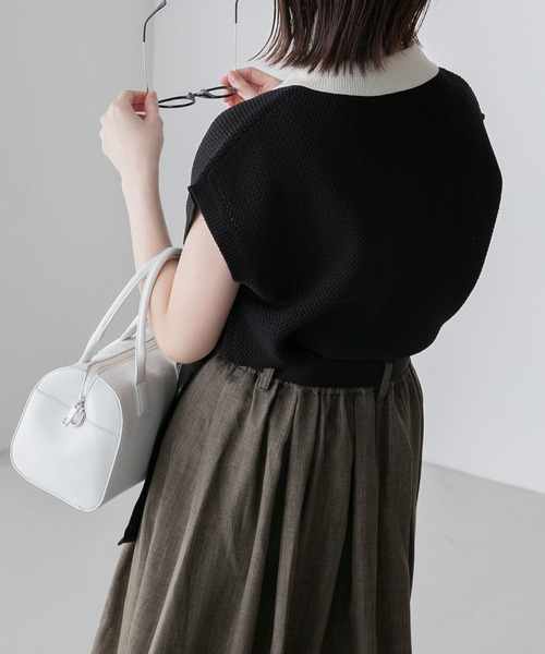 BONLECILL(ボンルシール)の「スポンディッシュ フレンチスリーブ配色ニットポロプルオーバー(ポロシャツ・レディース・ブラック/アイボリー/ブルー/グリーン/オレンジ・FREE)」の14枚目の写真