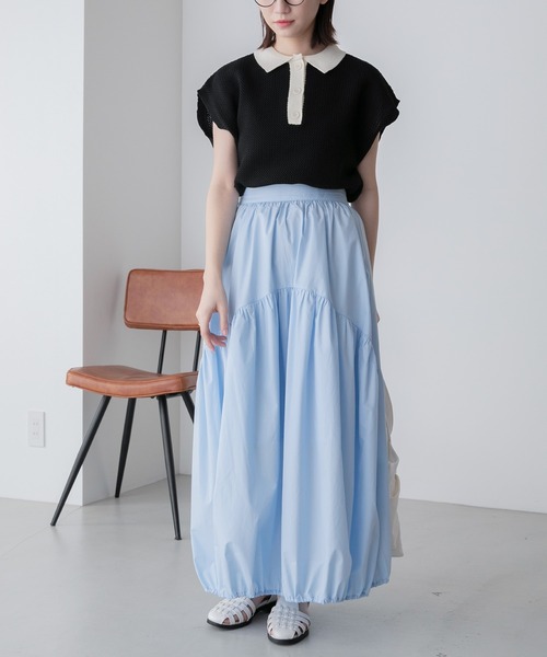 BONLECILL(ボンルシール)の「スポンディッシュ フレンチスリーブ配色ニットポロプルオーバー(ポロシャツ・レディース・ブラック/アイボリー/ブルー/グリーン/オレンジ・FREE)」の15枚目の写真