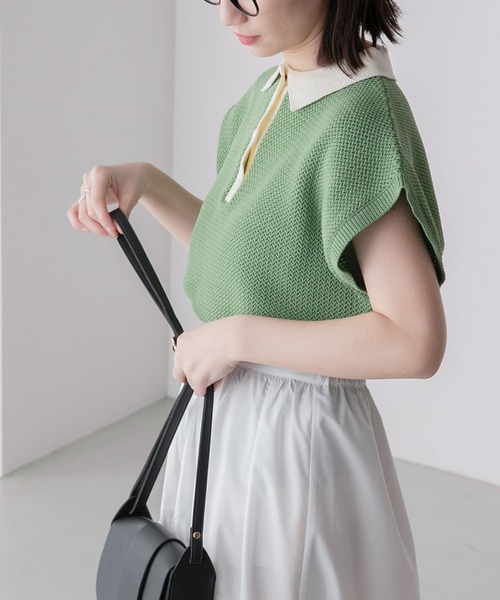 BONLECILL(ボンルシール)の「スポンディッシュ フレンチスリーブ配色ニットポロプルオーバー(ポロシャツ・レディース・ブラック/アイボリー/ブルー/グリーン/オレンジ・FREE)」の22枚目の写真