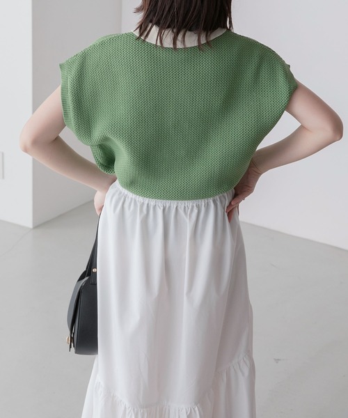 BONLECILL(ボンルシール)の「スポンディッシュ フレンチスリーブ配色ニットポロプルオーバー(ポロシャツ・レディース・ブラック/アイボリー/ブルー/グリーン/オレンジ・FREE)」の7枚目の写真