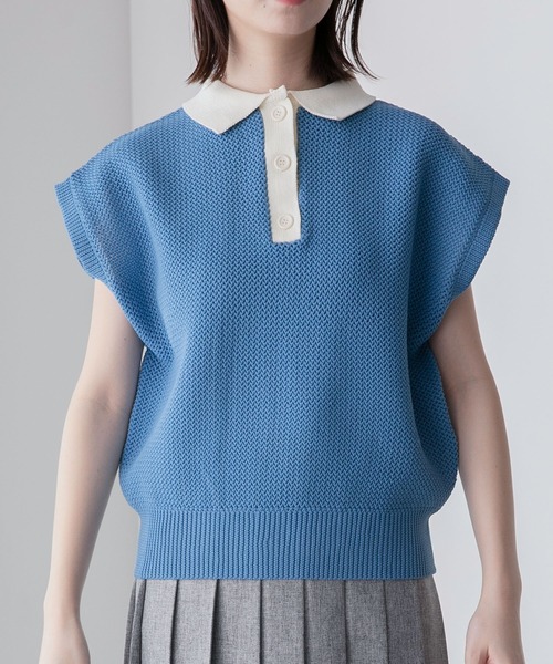 BONLECILL(ボンルシール)の「スポンディッシュ フレンチスリーブ配色ニットポロプルオーバー(ポロシャツ・レディース・ブラック/アイボリー/ブルー/グリーン/オレンジ・FREE)」の10枚目の写真