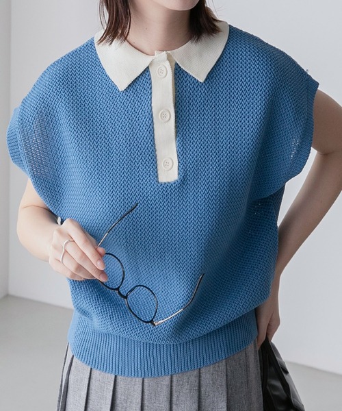 BONLECILL(ボンルシール)の「スポンディッシュ フレンチスリーブ配色ニットポロプルオーバー(ポロシャツ・レディース・ブラック/アイボリー/ブルー/グリーン/オレンジ・FREE)」の16枚目の写真