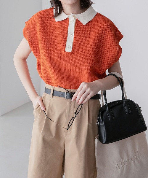 BONLECILL(ボンルシール)の「スポンディッシュ フレンチスリーブ配色ニットポロプルオーバー(ポロシャツ・レディース・ブラック/アイボリー/ブルー/グリーン/オレンジ・FREE)」の9枚目の写真