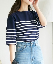 パネルボーダーコットン5分袖Tシャツ
