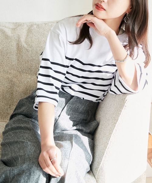 OMNES(オムネス)の「パネルボーダーコットン5分袖Tシャツ(Tシャツ/カットソー・レディース・ホワイト×ブルー/ホワイト×グリーン/ホワイト×ブラック/ネイビー×ホワイト・FREE)」の16枚目の写真