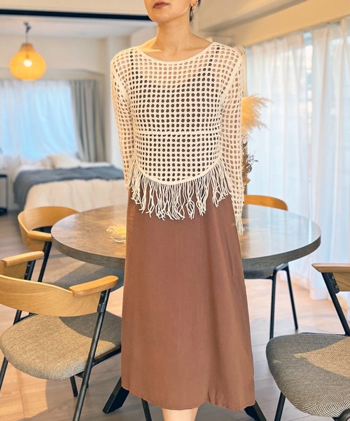 ブラックネット編みトップス フリンジ付き セール】フリンジメッシュトップス（ニット/セーター）｜Jewelobe