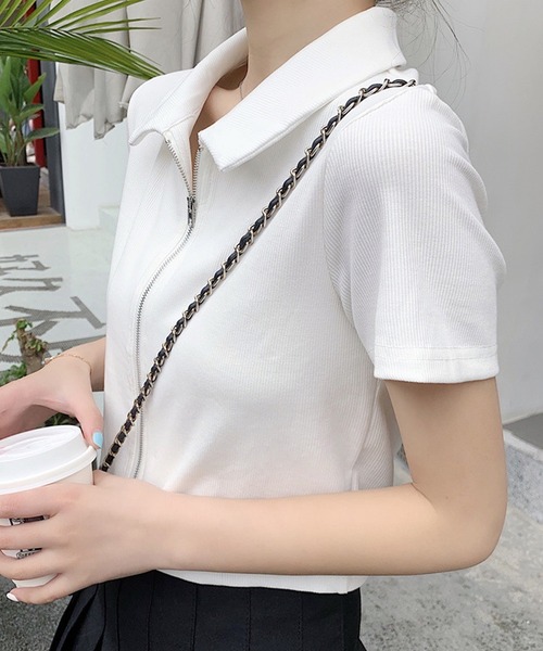 Amulet(アミュレット)の「ダブルジップ半袖トップス(Tシャツ/カットソー・レディース・ホワイト/ブラック/グレー・M/L)」の6枚目の写真