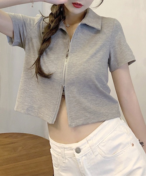 Amulet(アミュレット)の「ダブルジップ半袖トップス(Tシャツ/カットソー・レディース・ホワイト/ブラック/グレー・M/L)」の9枚目の写真